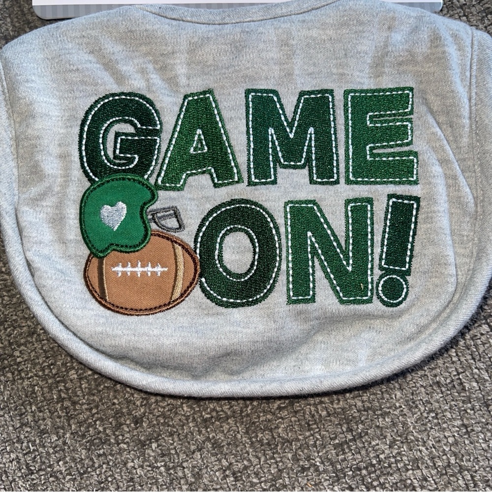 SALE 4/$20 Game On! Gray and Green Football helmet baby Bib One Size Game Day